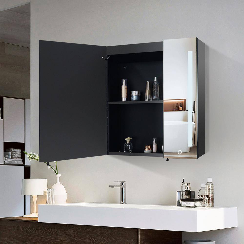 COWLOWN 30 in. W x 26 in. H Black Rectangular Iron Medicine Cabinet with Mirror, Defogger, Dimmable Lights Brightness Memory