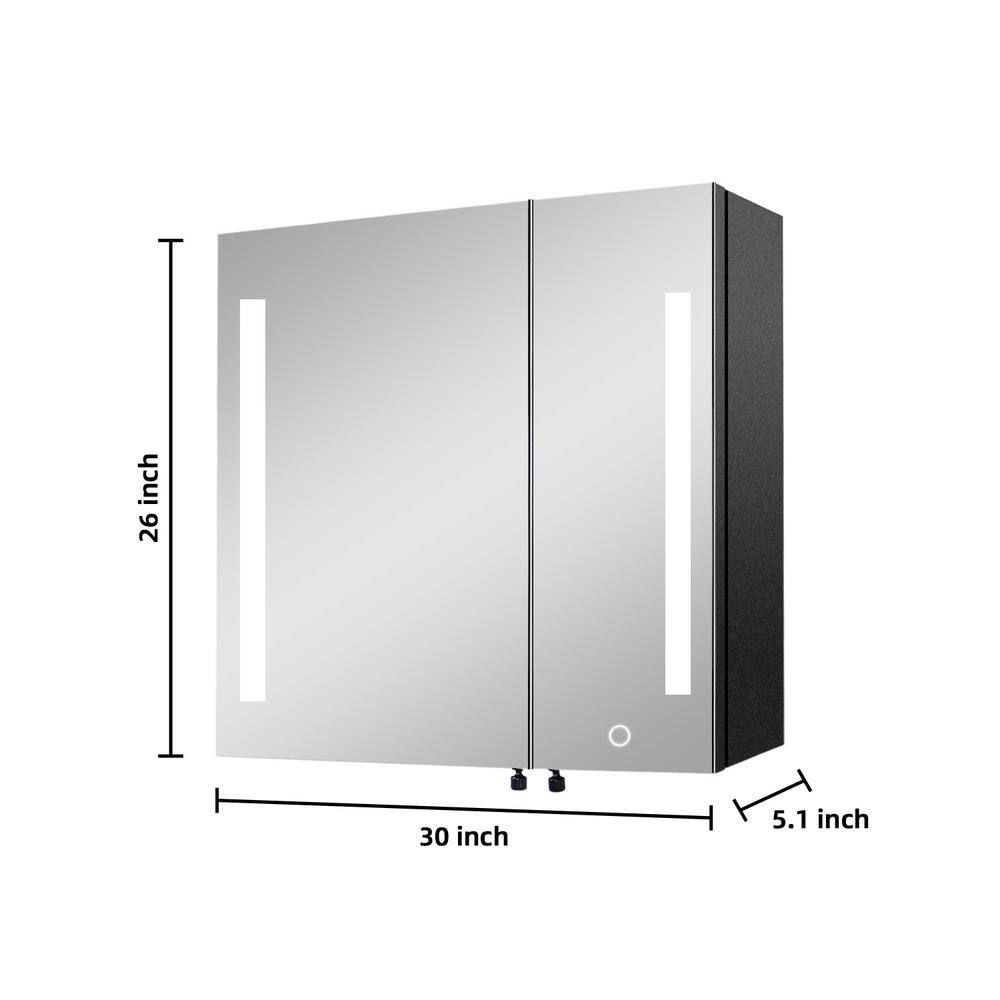 COWLOWN 30 in. W x 26 in. H Black Rectangular Iron Medicine Cabinet with Mirror, Defogger, Dimmable Lights Brightness Memory