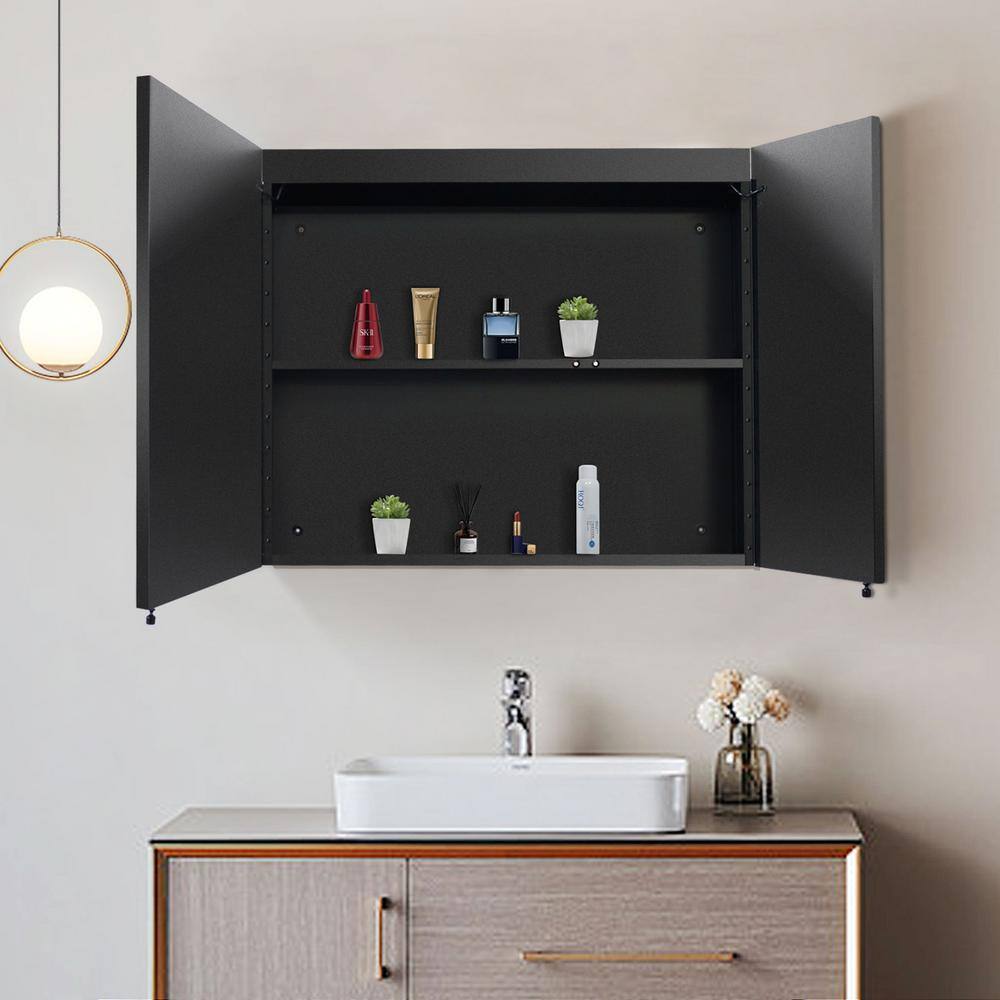 COWLOWN 30 in. W x 26 in. H Black Rectangular Iron Medicine Cabinet with Mirror, Defogger, Dimmable Lights Brightness Memory