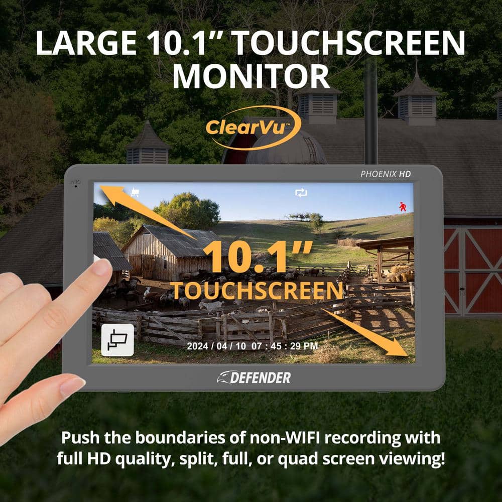 Defender PHOENIXHD Non-Wi-Fi Plug-In Security Camera System with 10.1 in. Monitor, SD Card Recording and 4 Night Vision Cameras