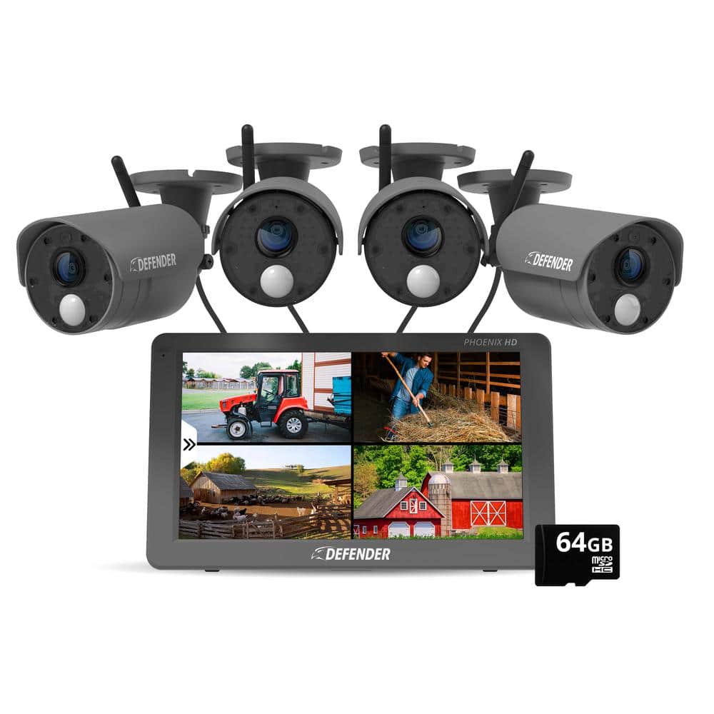 Defender PHOENIXHD Non-Wi-Fi Plug-In Security Camera System with 10.1 in. Monitor, SD Card Recording and 4 Night Vision Cameras