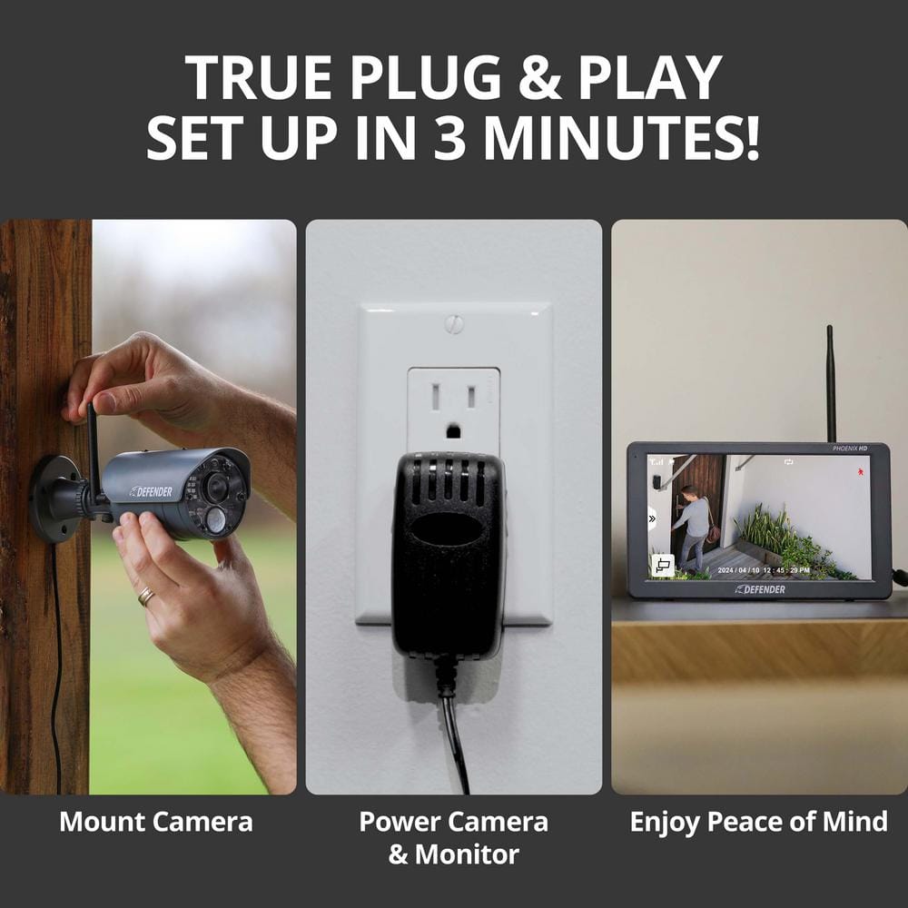 Defender PHOENIXHD Non-Wi-Fi Plug-In Security Camera System with 10.1 in. Monitor, SD Card Recording and 4 Night Vision Cameras