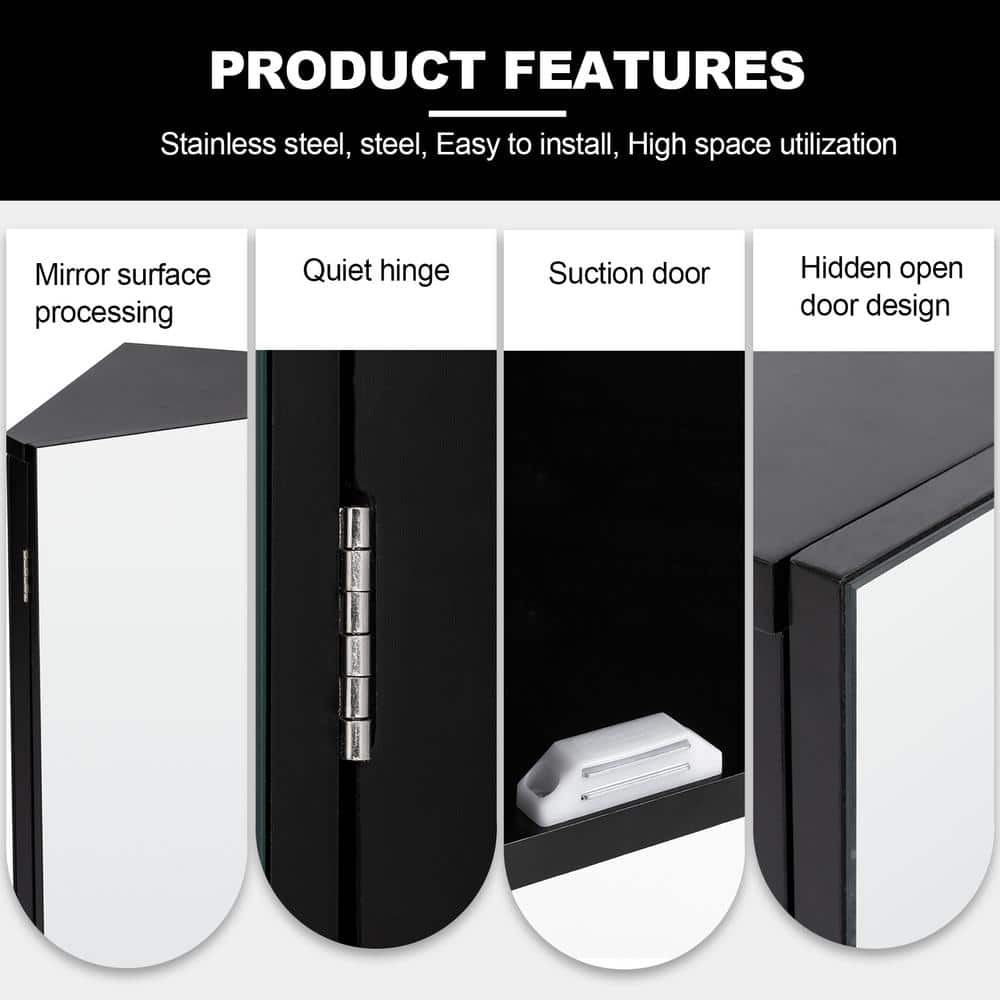 eclife 17.8 in. W x 23.5 in. H Rectangular Double Door Corner Surface Mount Frameless Medicine Cabinet with Mirror in Black