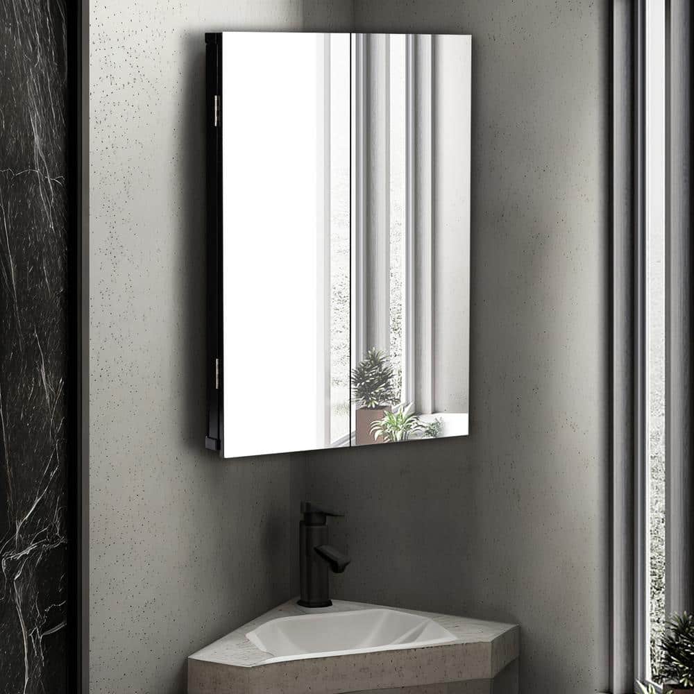 eclife 17.8 in. W x 23.5 in. H Rectangular Double Door Corner Surface Mount Frameless Medicine Cabinet with Mirror in Black