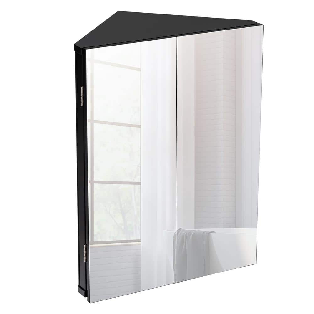 eclife 17.8 in. W x 23.5 in. H Rectangular Double Door Corner Surface Mount Frameless Medicine Cabinet with Mirror in Black