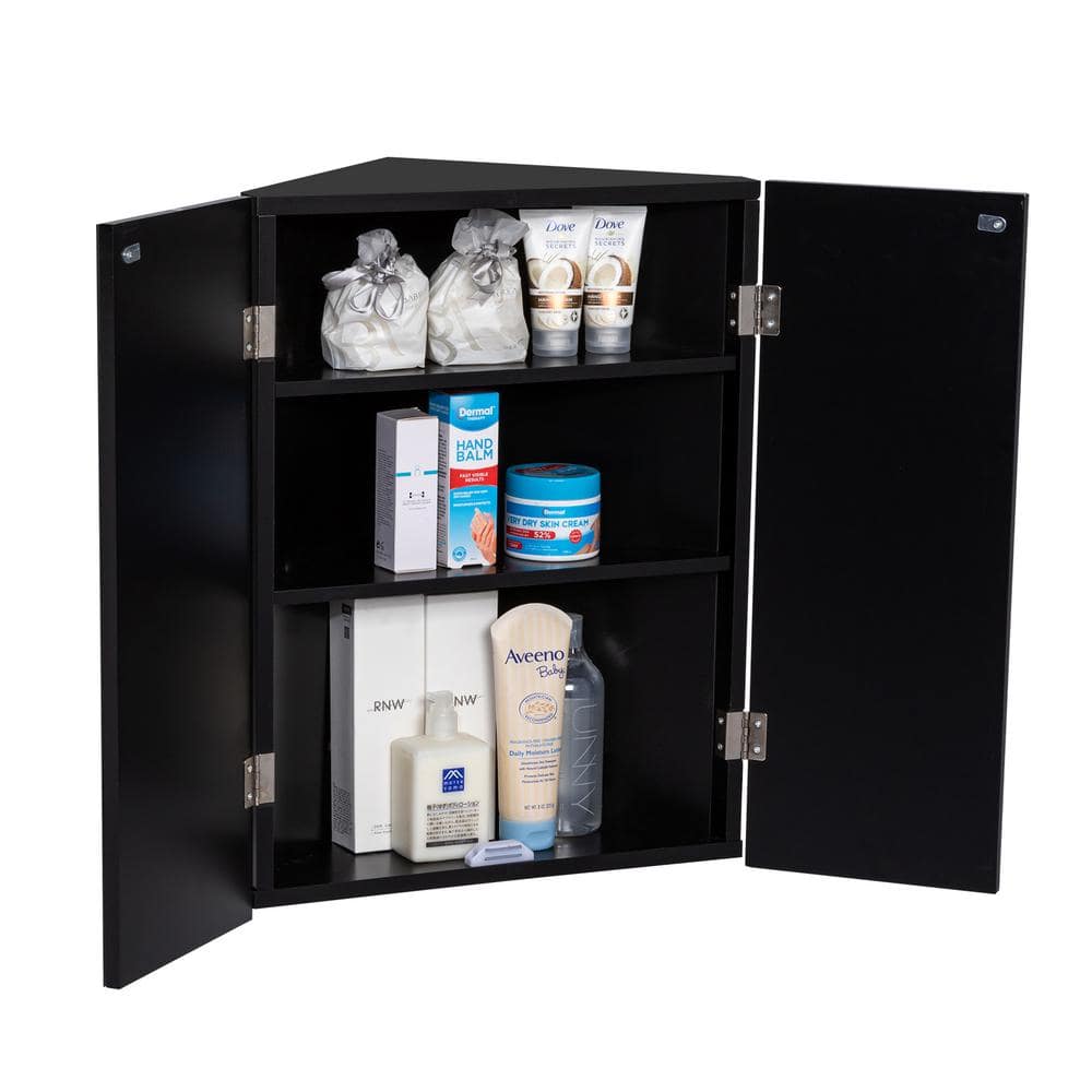 eclife 17.8 in. W x 23.5 in. H Rectangular Double Door Corner Surface Mount Frameless Medicine Cabinet with Mirror in Black