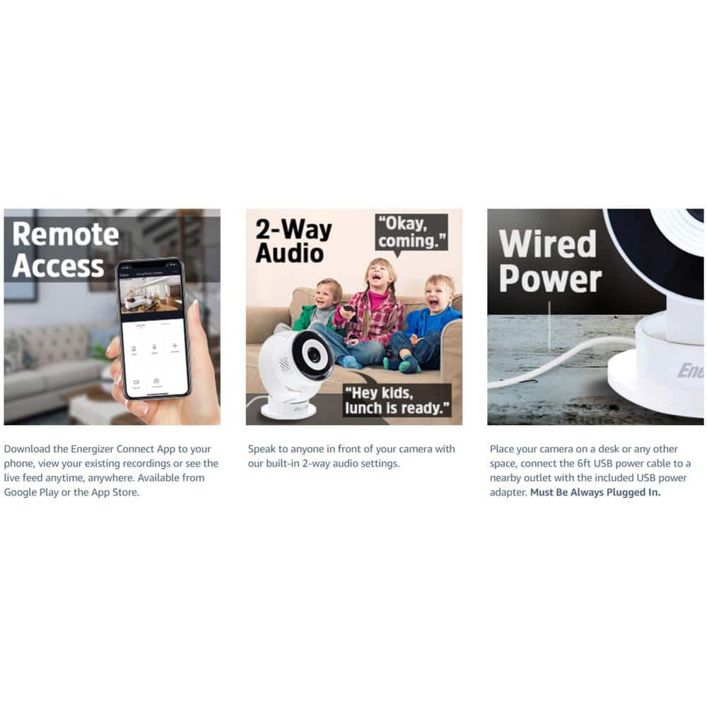 Energizer Smart Wi-Fi Plug-In Black Indoor Wired Camera, 1080P Full HD, Cloud/Micro-SD Card Support
