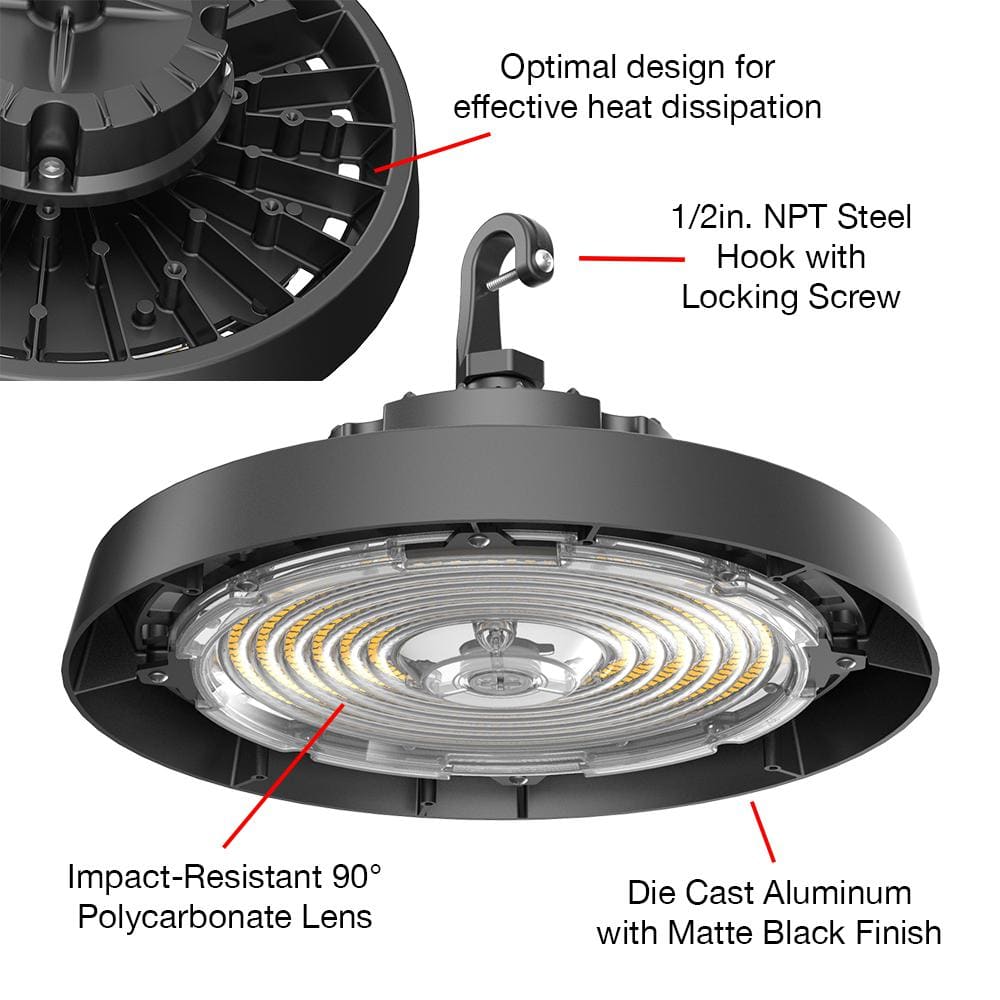 ETI LIGHTING 400-Watt Equivalent 11 in. Round Integrated LED Black High Bay Light 27000-36000 Lumens Adjustable CCT (4-Pack)
