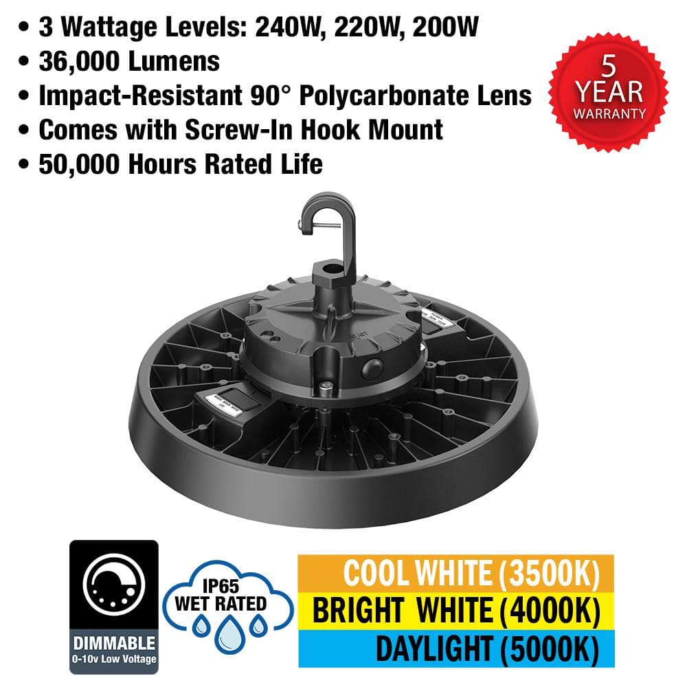 ETI LIGHTING 400-Watt Equivalent 11 in. Round Integrated LED Black High Bay Light 27000-36000 Lumens Adjustable CCT (4-Pack)