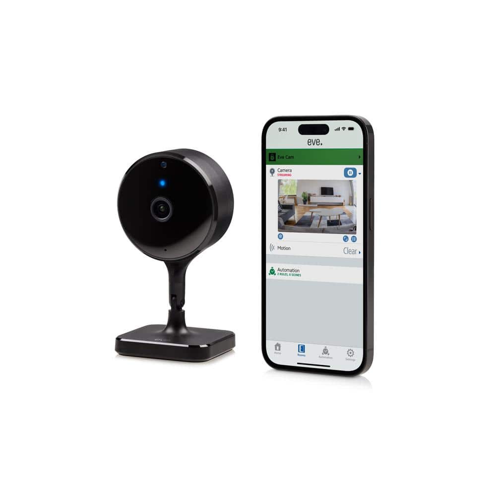 eve Wireless Indoor Plug-In Smart Security Camera with Night Vision, 2-Way Audio, Built-in Microphone & Speaker (Black)