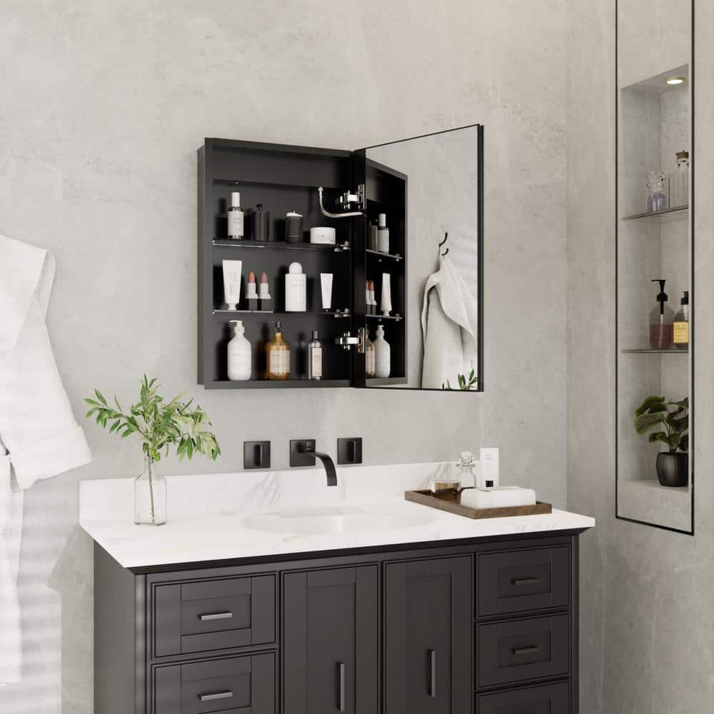 ExBrite 16 in. W x 24 in. H Rectangular Silver Aluminum Recessed/Surface Mount Right Dimmable Medicine Cabinet with Mirror LED