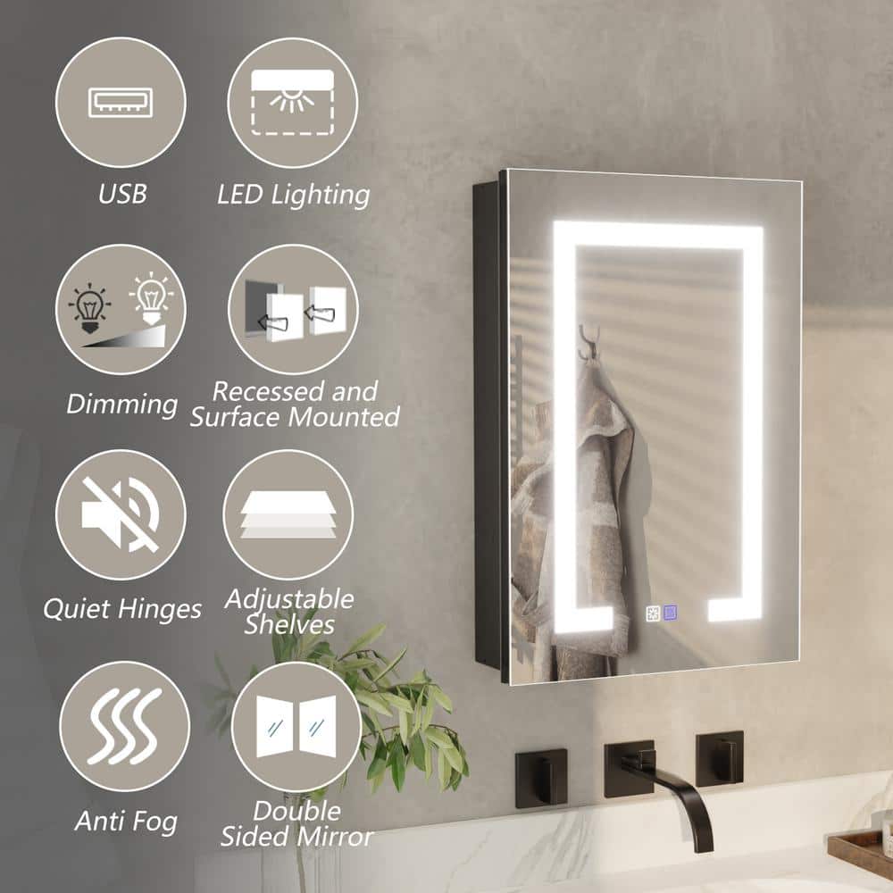 ExBrite 16 in. W x 24 in. H Rectangular Silver Aluminum Recessed/Surface Mount Right Dimmable Medicine Cabinet with Mirror LED