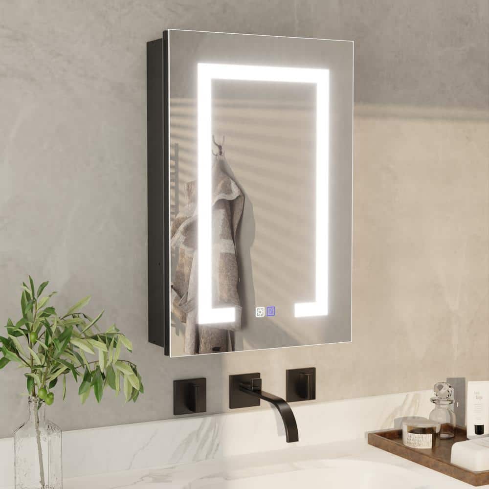 ExBrite 16 in. W x 24 in. H Rectangular Silver Aluminum Recessed/Surface Mount Right Dimmable Medicine Cabinet with Mirror LED