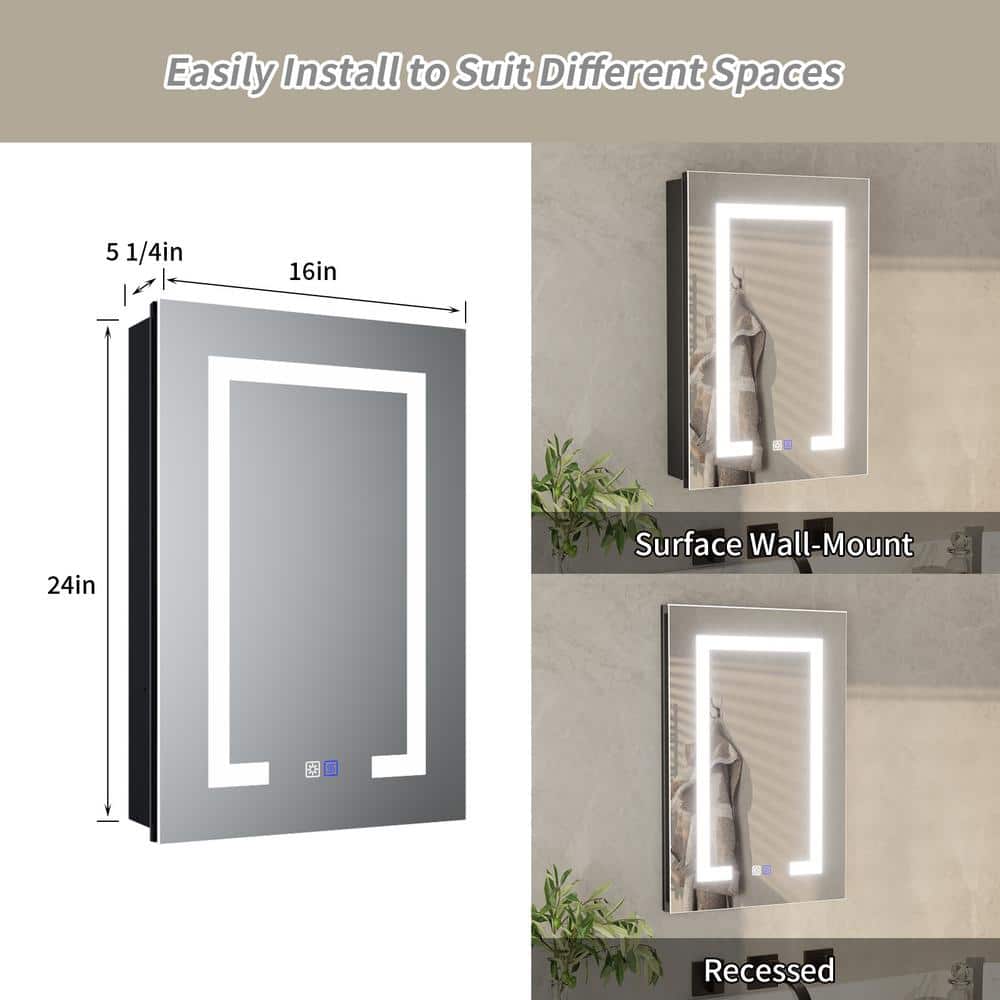 ExBrite 16 in. W x 24 in. H Rectangular Silver Aluminum Recessed/Surface Mount Right Dimmable Medicine Cabinet with Mirror LED