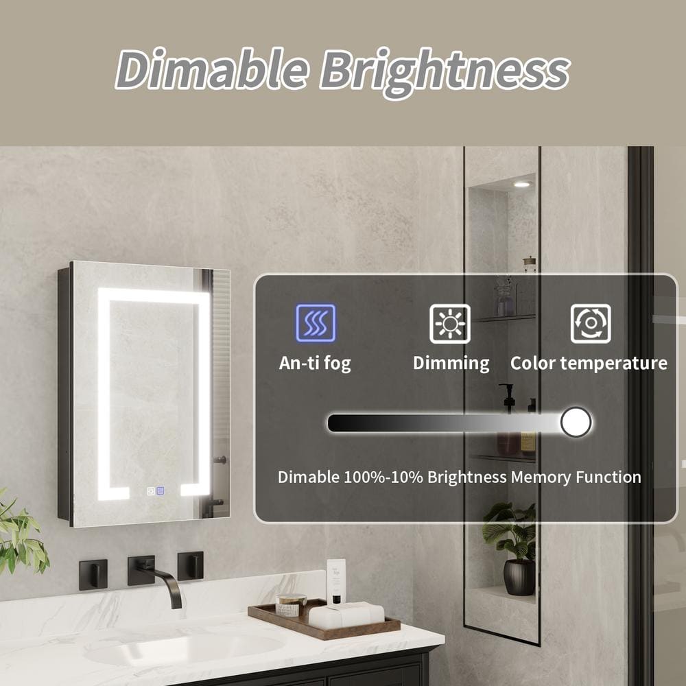ExBrite 16 in. W x 24 in. H Rectangular Silver Aluminum Recessed/Surface Mount Right Dimmable Medicine Cabinet with Mirror LED