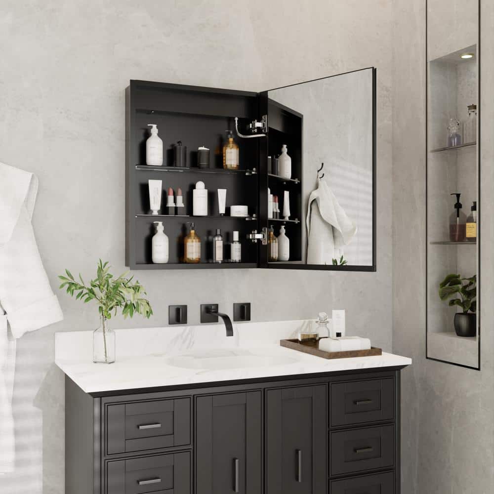 ExBrite 20 in. W x 26 in. H Rectangular Silver Aluminum Recessed/Surface Mount Right Dimmable Medicine Cabinet with Mirror LED