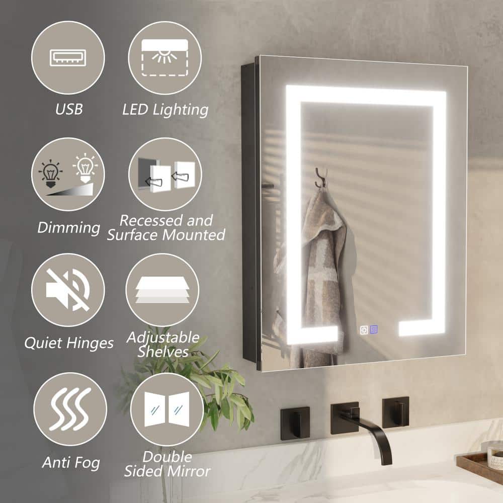 ExBrite 20 in. W x 26 in. H Rectangular Silver Aluminum Recessed/Surface Mount Right Dimmable Medicine Cabinet with Mirror LED