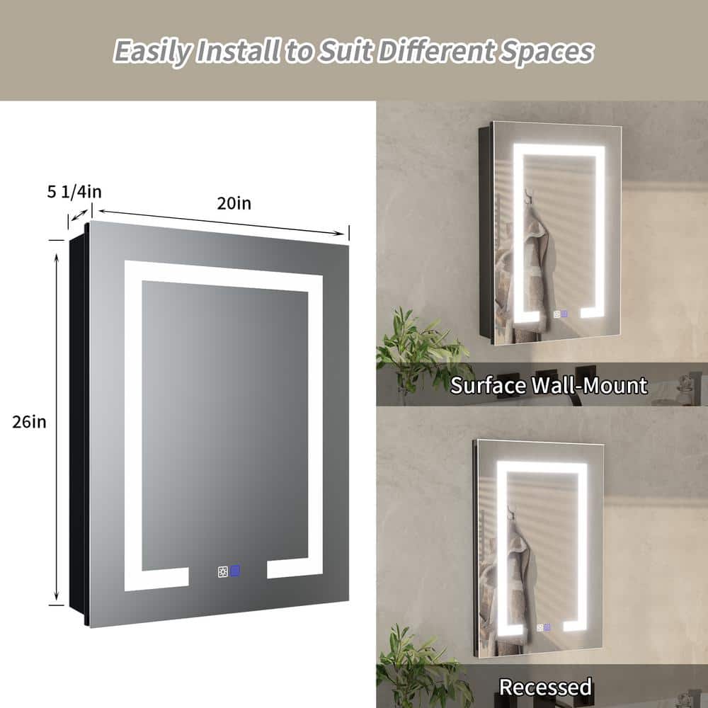 ExBrite 20 in. W x 26 in. H Rectangular Silver Aluminum Recessed/Surface Mount Right Dimmable Medicine Cabinet with Mirror LED