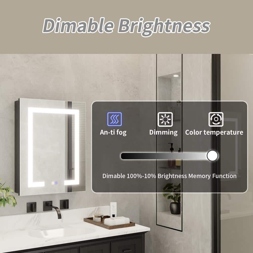 ExBrite 20 in. W x 26 in. H Rectangular Silver Aluminum Recessed/Surface Mount Right Dimmable Medicine Cabinet with Mirror LED