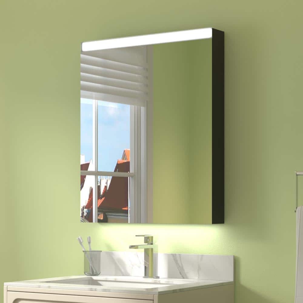 ExBrite 24 in. W x 30 in. H Rectangular Silver Aluminum Surface Mount Medicine Cabinet with Mirror, LED Light