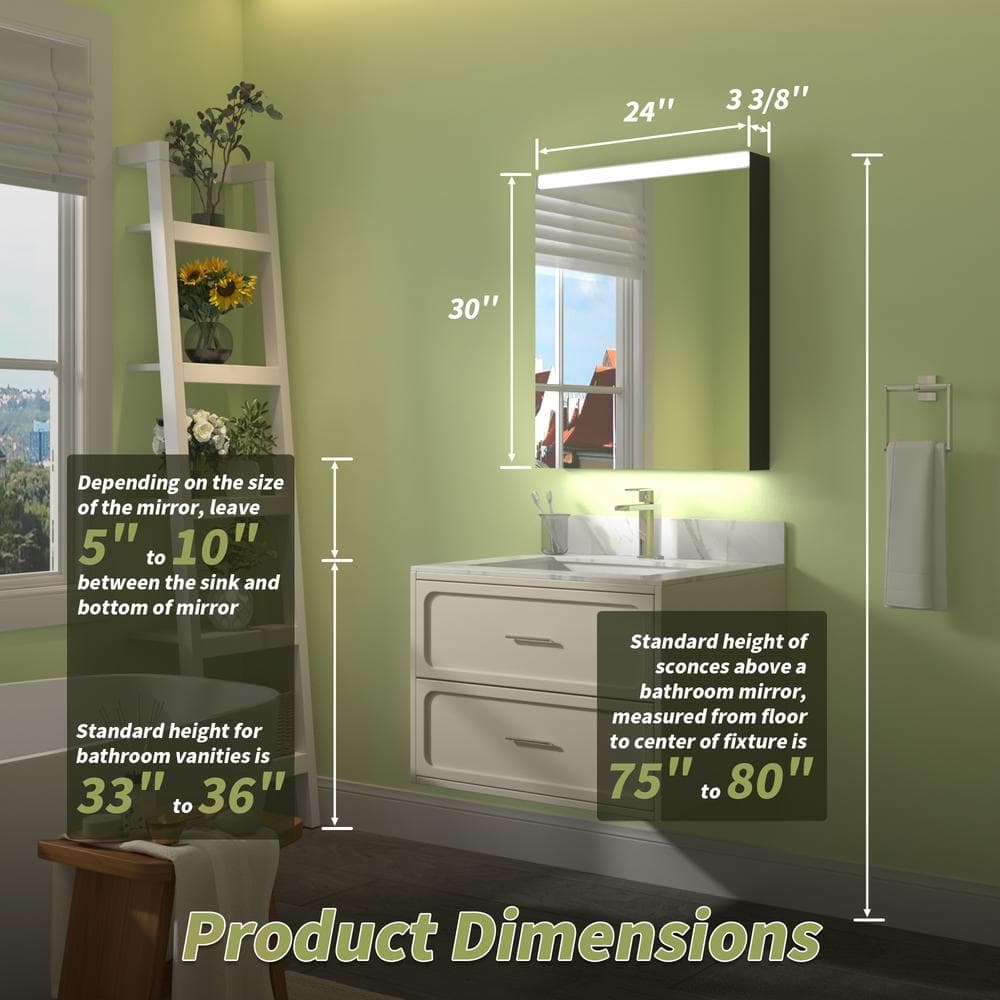 ExBrite 24 in. W x 30 in. H Rectangular Silver Aluminum Surface Mount Medicine Cabinet with Mirror, LED Light