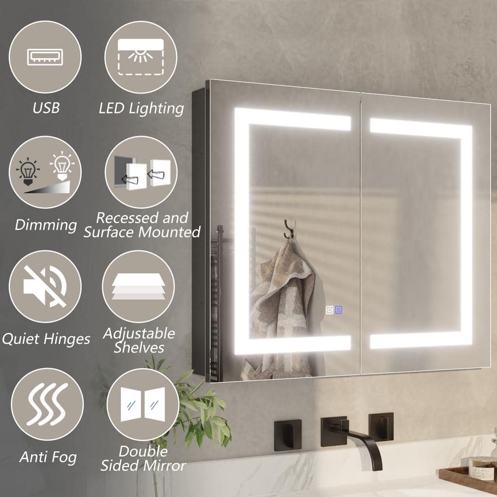 ExBrite 30 in. W x 26 in. H Rectangular Silver Aluminum Recessed/Surface Mount Dimmable Medicine Cabinet with Mirror LED