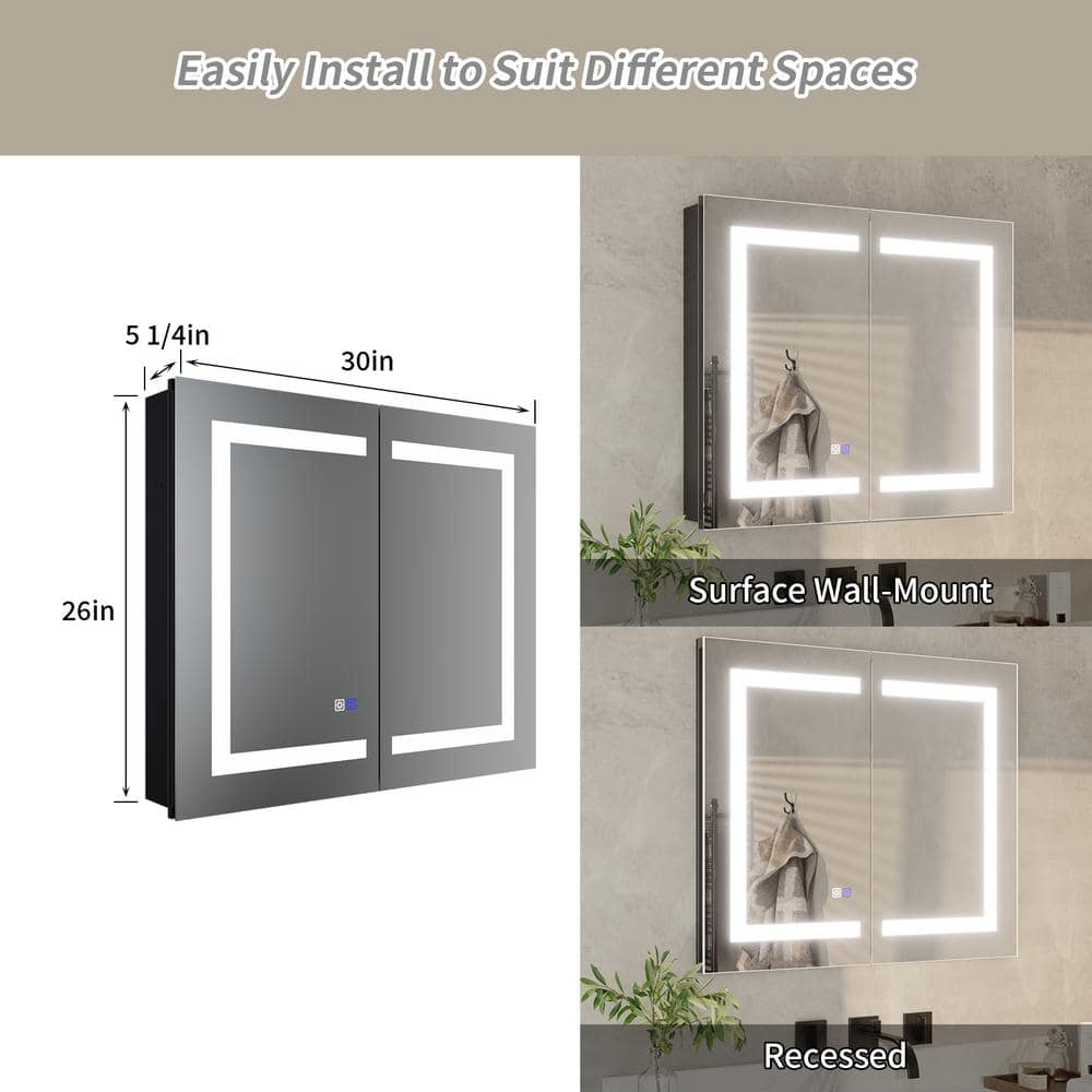 ExBrite 30 in. W x 26 in. H Rectangular Silver Aluminum Recessed/Surface Mount Dimmable Medicine Cabinet with Mirror LED