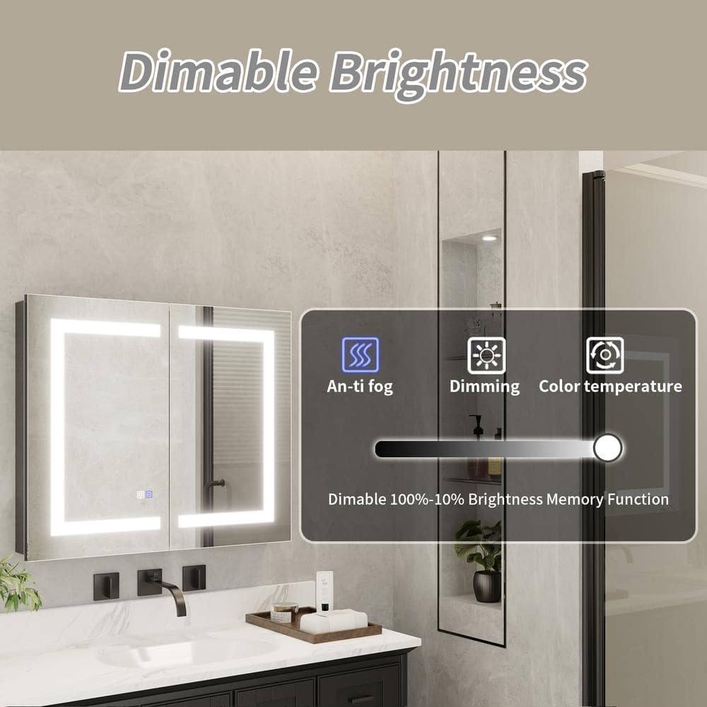 ExBrite 30 in. W x 26 in. H Rectangular Silver Aluminum Recessed/Surface Mount Dimmable Medicine Cabinet with Mirror LED