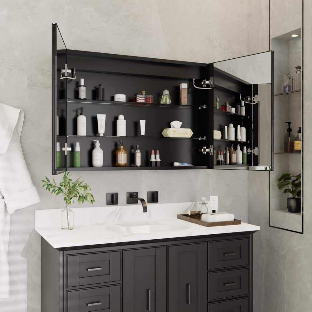 ExBrite 36 in. W x 26 in. H Rectangular Silver Aluminum Recessed/Surface Mount Dimmable Medicine Cabinet with Mirror LED