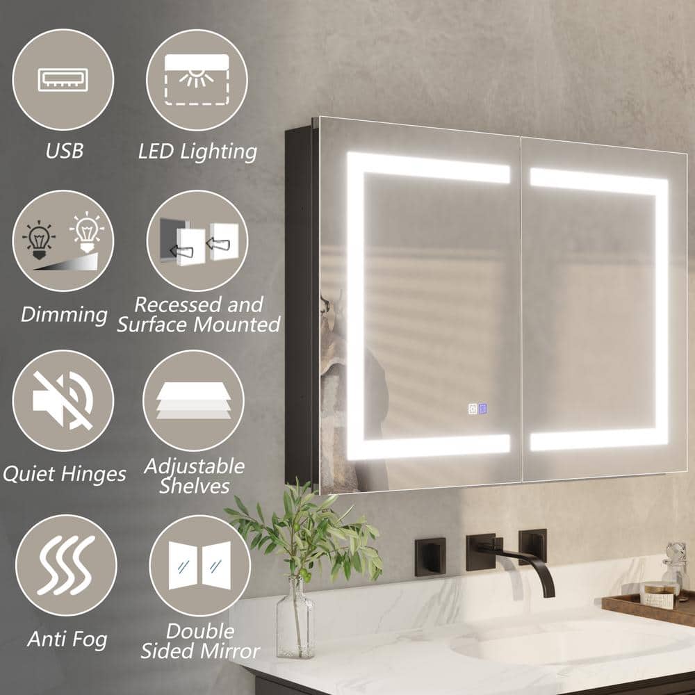 ExBrite 36 in. W x 26 in. H Rectangular Silver Aluminum Recessed/Surface Mount Dimmable Medicine Cabinet with Mirror LED