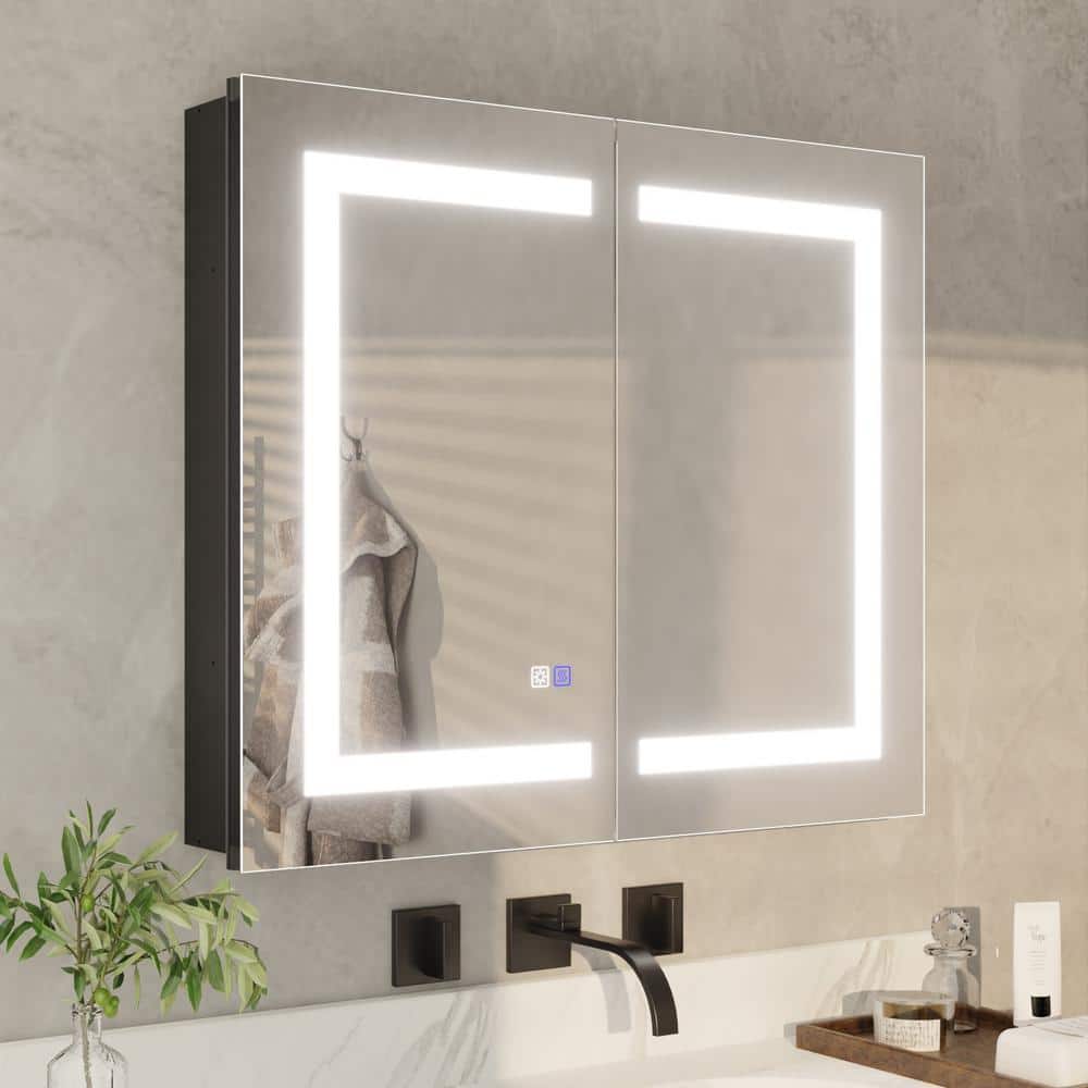 ExBrite 36 in. W x 26 in. H Rectangular Silver Aluminum Recessed/Surface Mount Dimmable Medicine Cabinet with Mirror LED