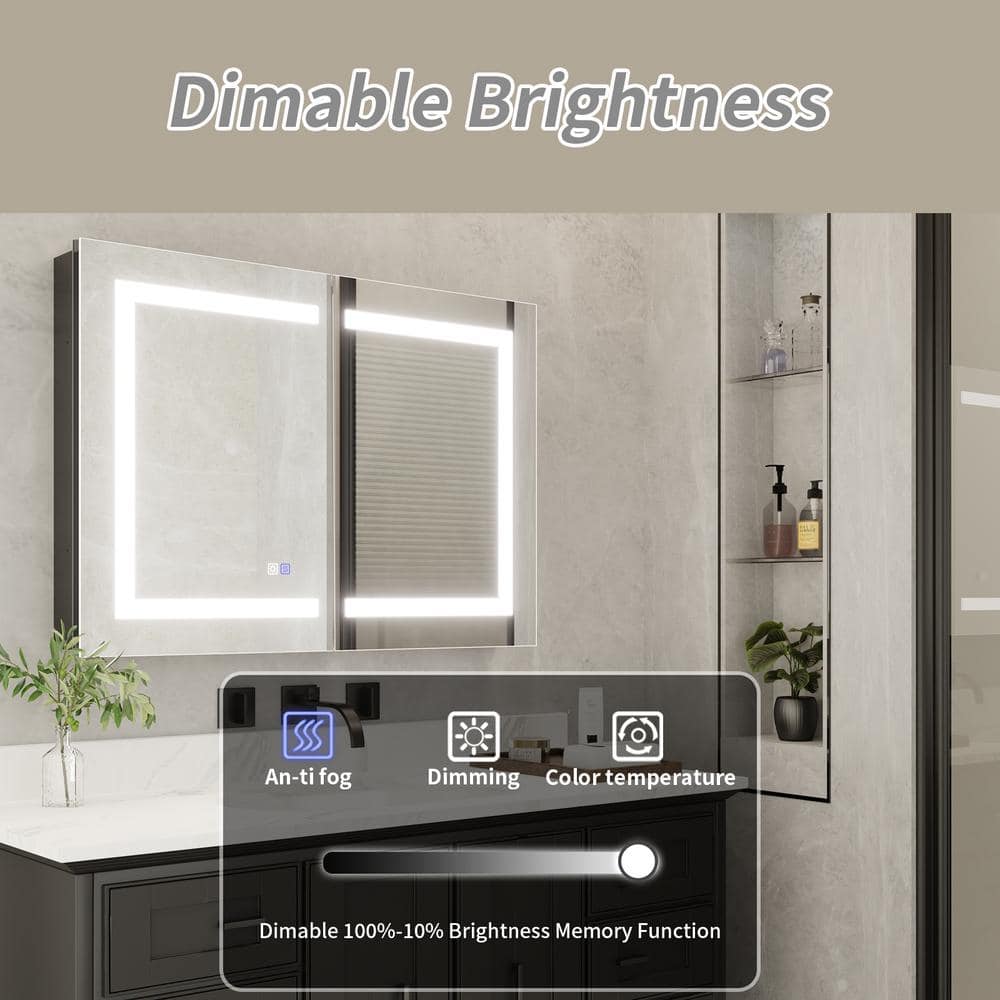 ExBrite 36 in. W x 26 in. H Rectangular Silver Aluminum Recessed/Surface Mount Dimmable Medicine Cabinet with Mirror LED
