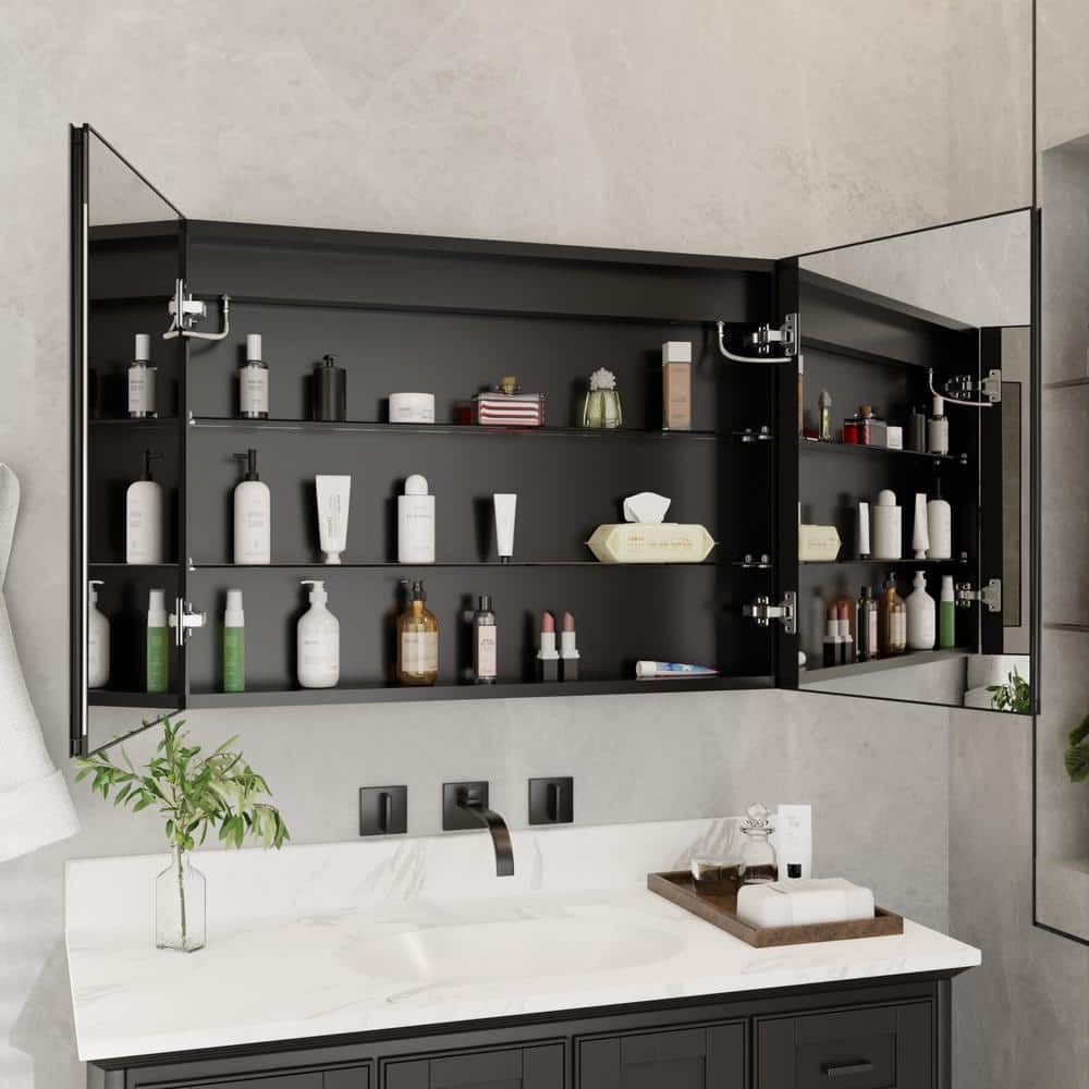 ExBrite 36 in. W x 26 in. H Rectangular Silver Aluminum Recessed/Surface Mount Dimmable Medicine Cabinet with Mirror LED