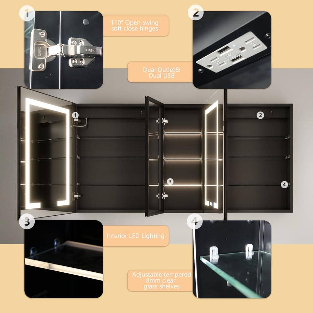 ExBrite ShineX 60 in.W x 30 in.H Rectangular Black Aluminum Recessed/Surface Mount Dual Swing Medicine Cabinet with Mirror LED