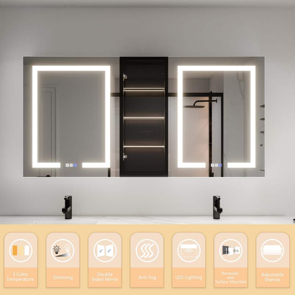 ExBrite ShineX 60 in.W x 30 in.H Rectangular Black Aluminum Recessed/Surface Mount Dual Swing Medicine Cabinet with Mirror LED