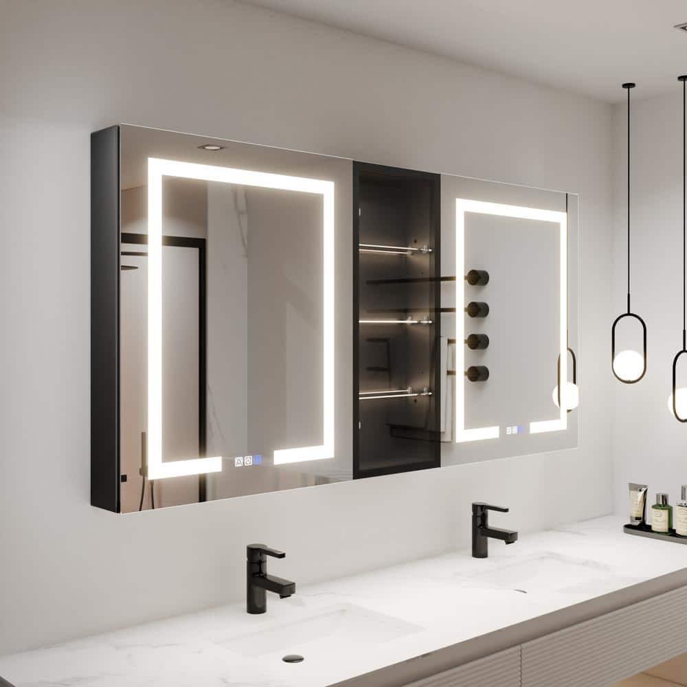 ExBrite ShineX 60 in.W x 30 in.H Rectangular Black Aluminum Recessed/Surface Mount Dual Swing Medicine Cabinet with Mirror LED