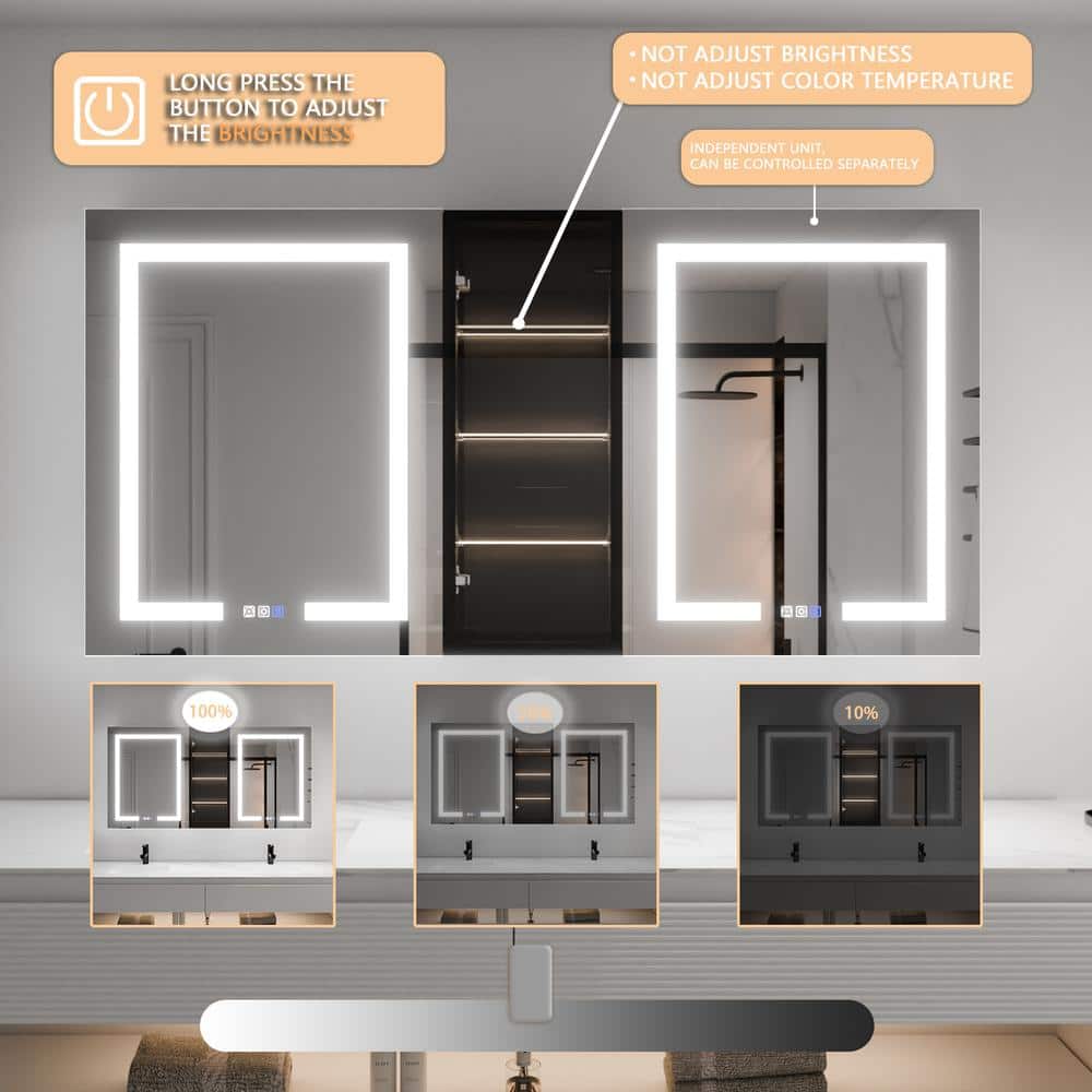 ExBrite ShineX 60 in.W x 30 in.H Rectangular Black Aluminum Recessed/Surface Mount Dual Swing Medicine Cabinet with Mirror LED