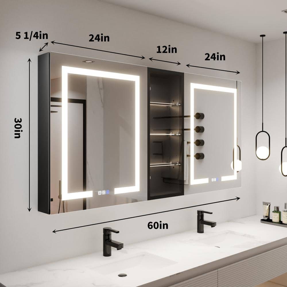ExBrite ShineX 60 in.W x 30 in.H Rectangular Black Aluminum Recessed/Surface Mount Dual Swing Medicine Cabinet with Mirror LED