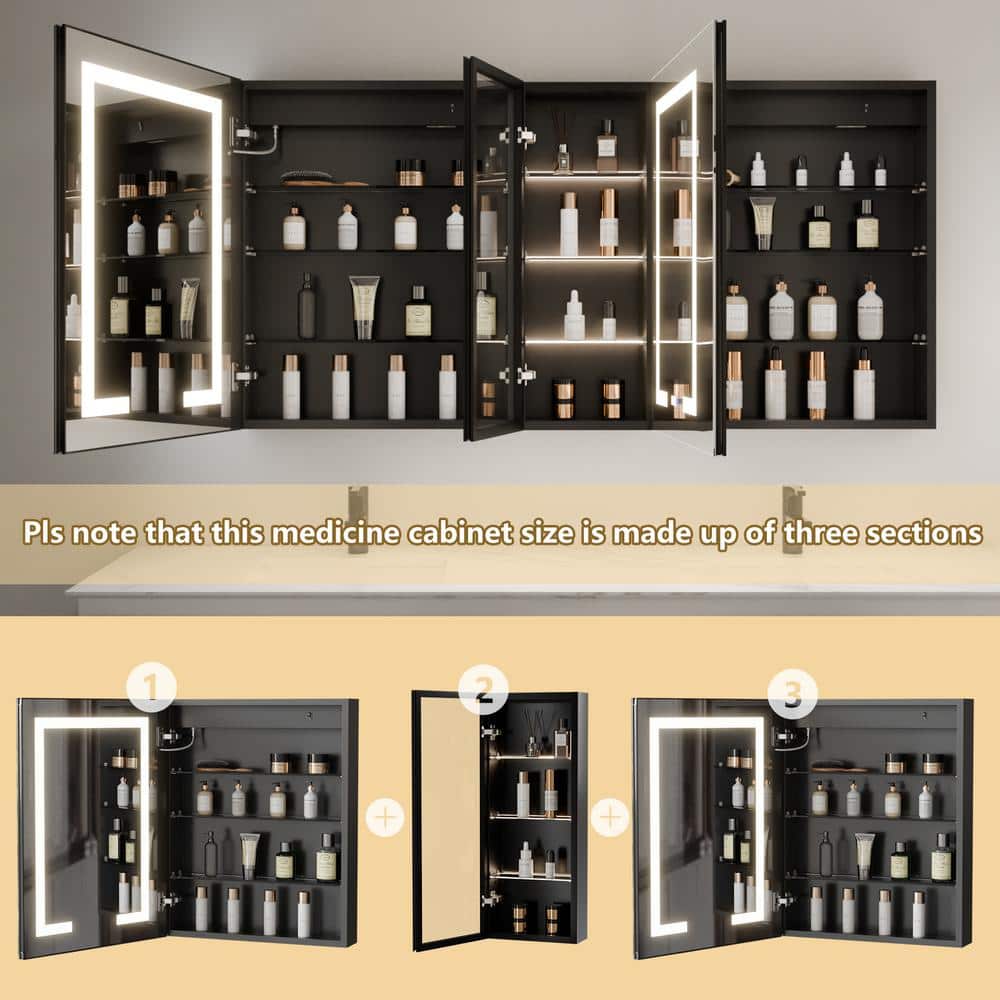 ExBrite ShineX 60 in.W x 30 in.H Rectangular Black Aluminum Recessed/Surface Mount Dual Swing Medicine Cabinet with Mirror LED