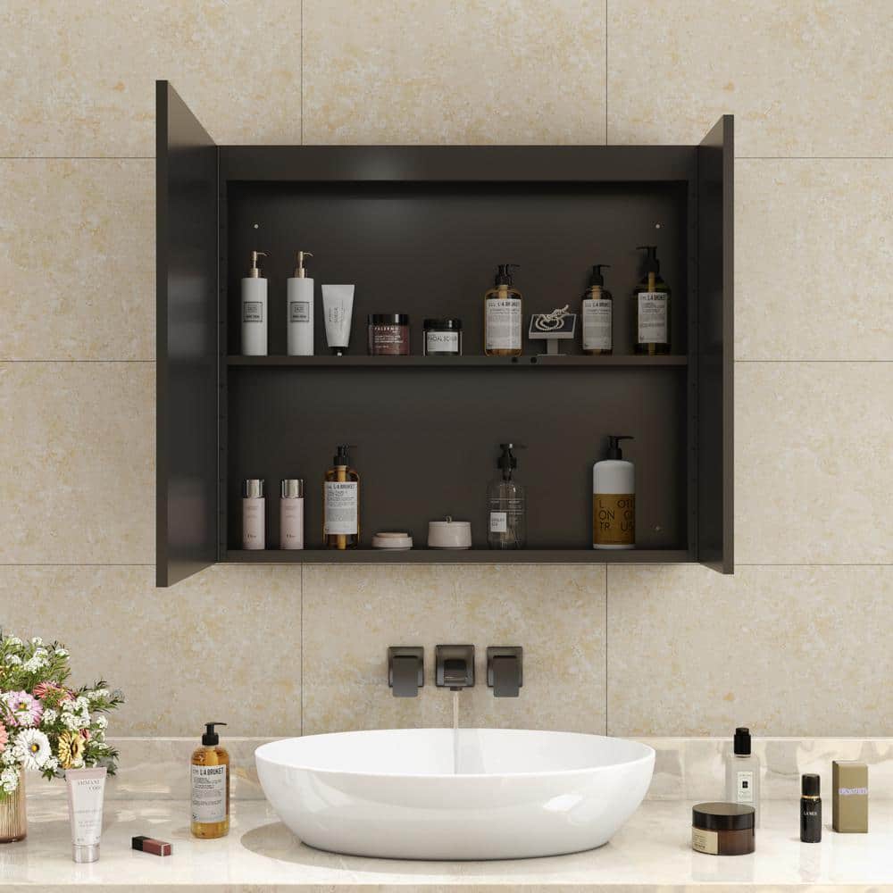 FAMYYT 30 in. W x 26 in. H Black Rectangular Frameless Anti-Fog Dimmable LED Light Surface Mount Medicine Cabinet with Mirror