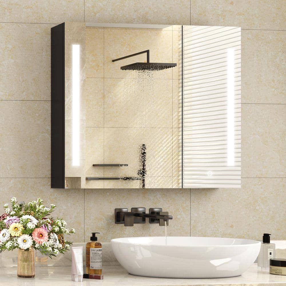 FAMYYT 30 in. W x 26 in. H Black Rectangular Frameless Anti-Fog Dimmable LED Light Surface Mount Medicine Cabinet with Mirror