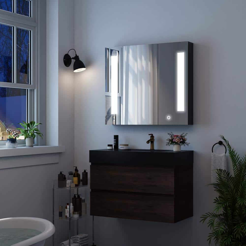FAMYYT 30 in. W x 26 in. H Black Rectangular Frameless Anti-Fog Dimmable LED Light Surface Mount Medicine Cabinet with Mirror