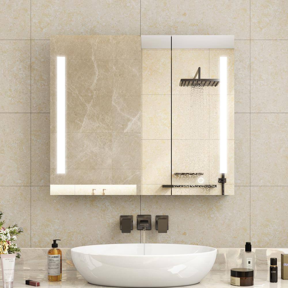 FAMYYT 30 in. W x 26 in. H Black Rectangular Frameless Anti-Fog Dimmable LED Light Surface Mount Medicine Cabinet with Mirror