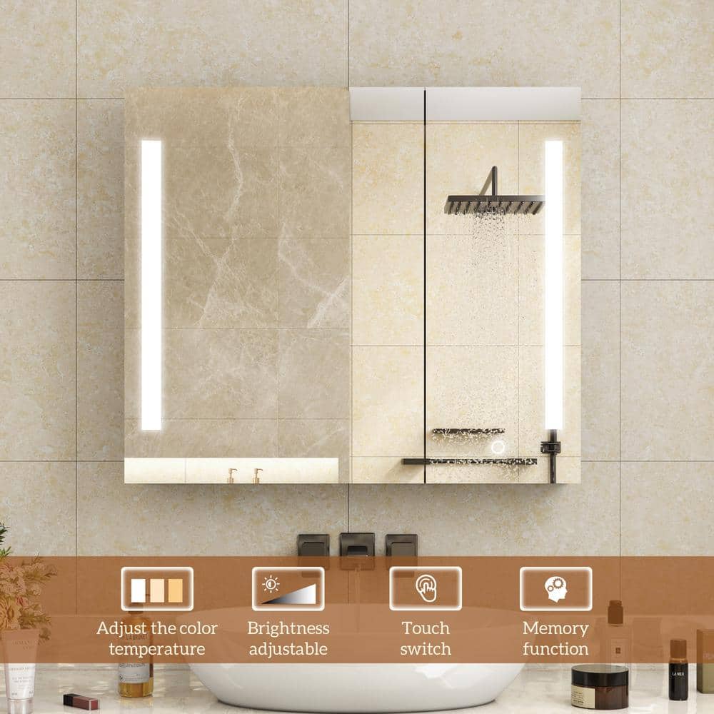 FAMYYT 30 in. W x 26 in. H Black Rectangular Frameless Anti-Fog Dimmable LED Light Surface Mount Medicine Cabinet with Mirror