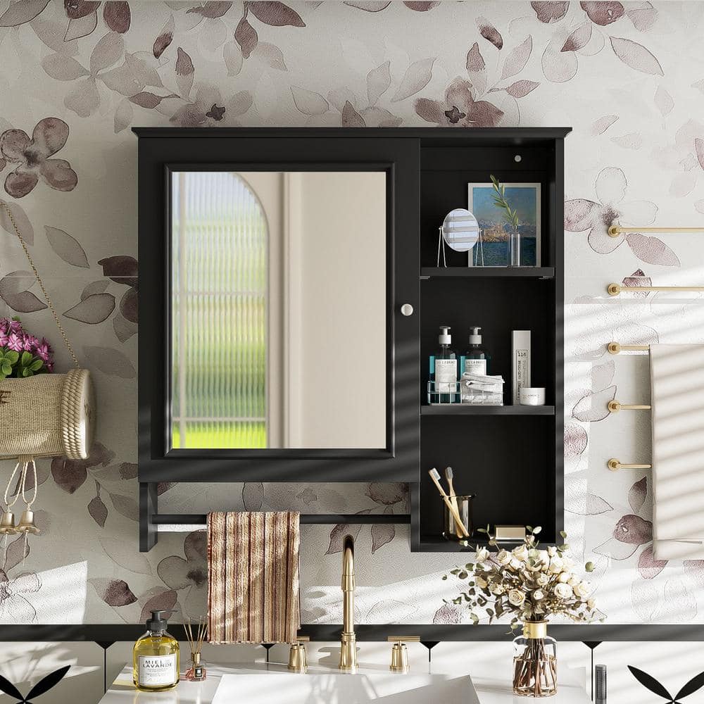 FAMYYT 29 in. W x 28 in. H Black Rectangular Surface Mount Medicine Cabinet with Mirror, Adjustable Shelves