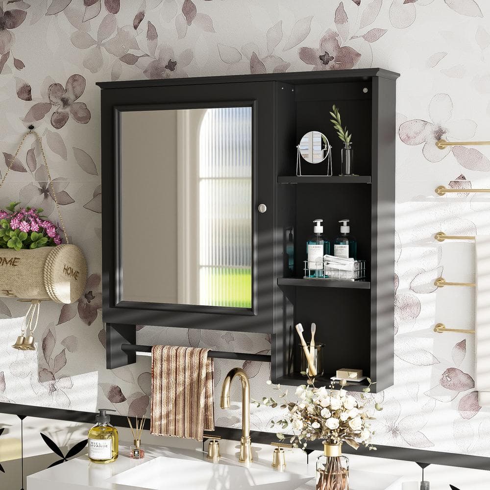 FAMYYT 29 in. W x 28 in. H Black Rectangular Surface Mount Medicine Cabinet with Mirror, Adjustable Shelves