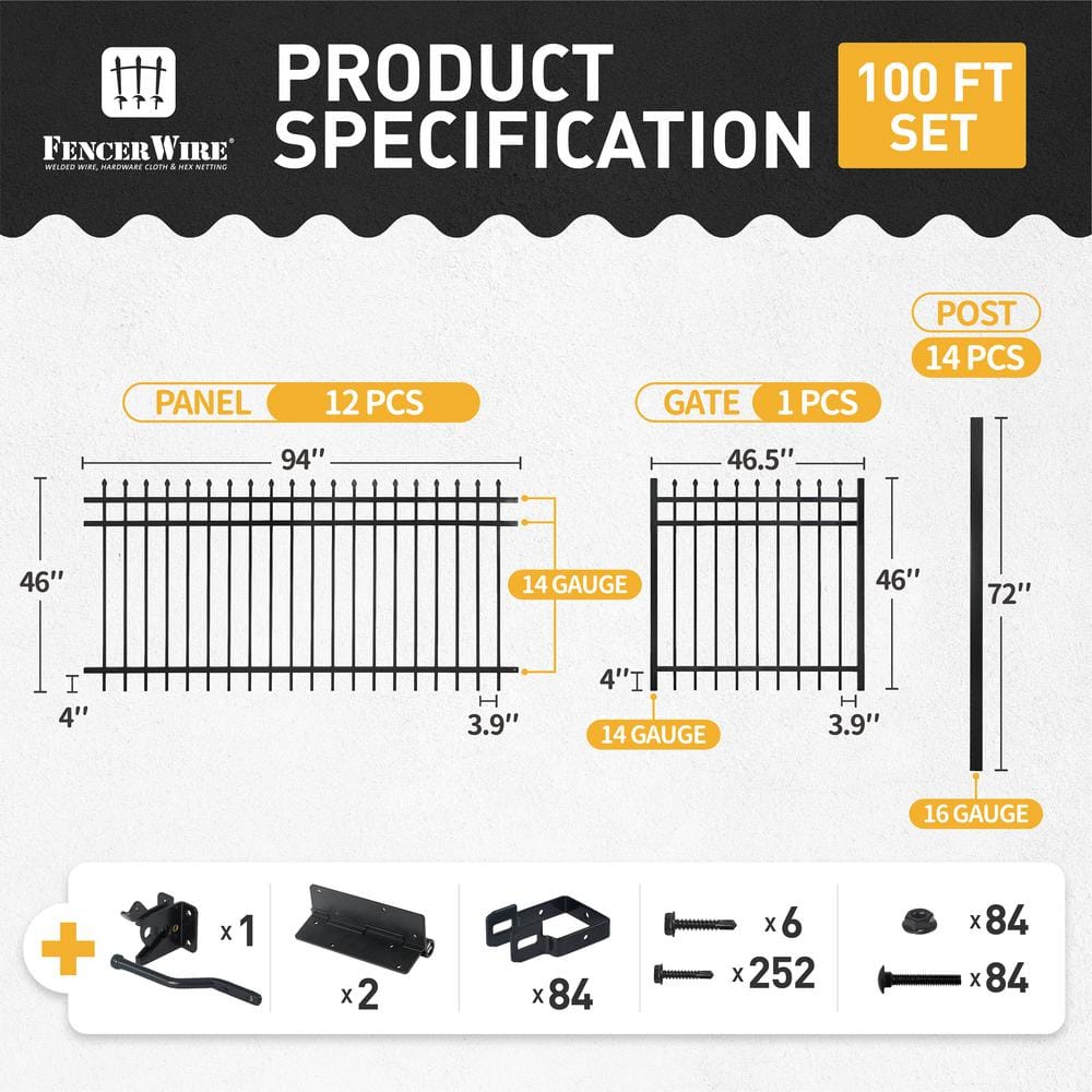 Fencer Wire 4 ft. x 8 ft. Heavy-Duty Steel Spaced Bar Pointed Pinnacle Flat Metal Fence Panel (Set of 100 ft.)