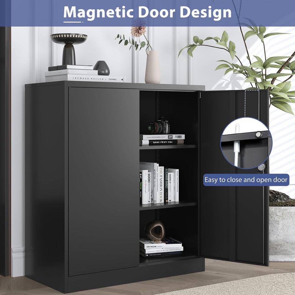 31.5 in. W x 35.4 in. H x 15.7 in. D 2-Adjustable Shelves Metal Garage Storage Freestanding Cabinet w/ 2-Doors in Black