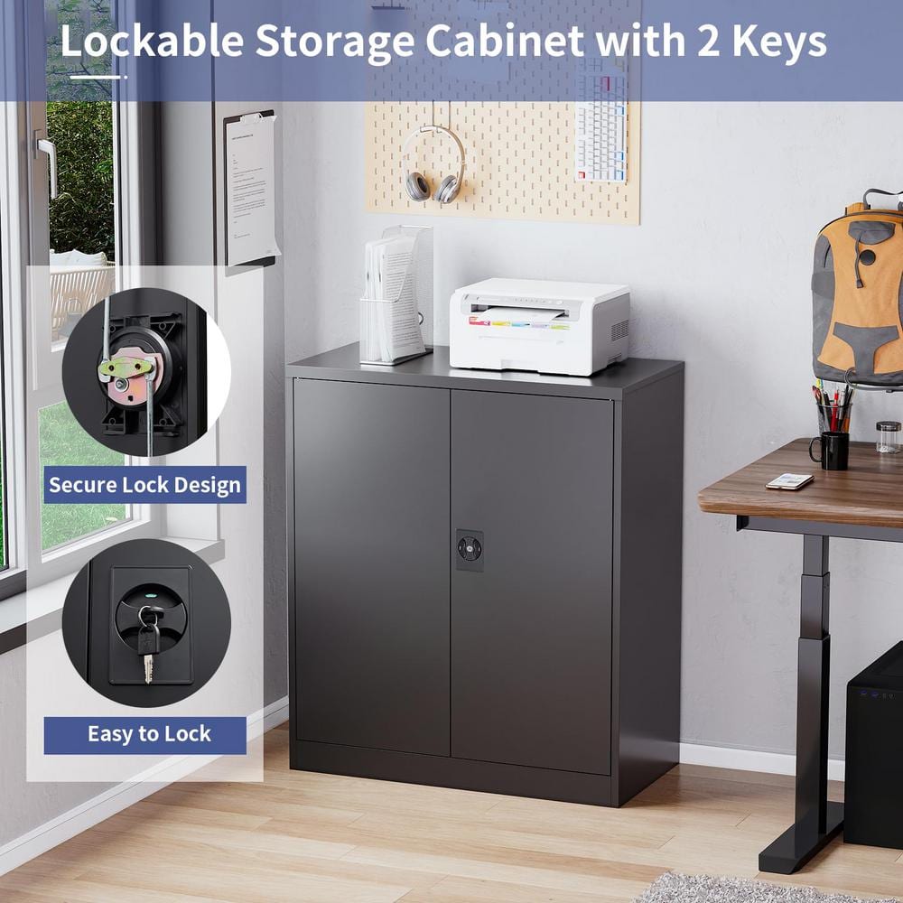 31.5 in. W x 35.4 in. H x 15.7 in. D 2-Adjustable Shelves Metal Garage Storage Freestanding Cabinet w/ 2-Doors in Black