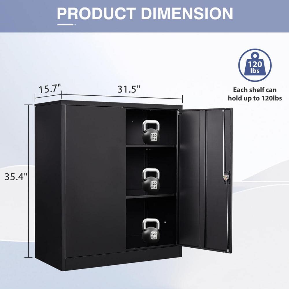 31.5 in. W x 35.4 in. H x 15.7 in. D 2-Adjustable Shelves Metal Garage Storage Freestanding Cabinet w/ 2-Doors in Black